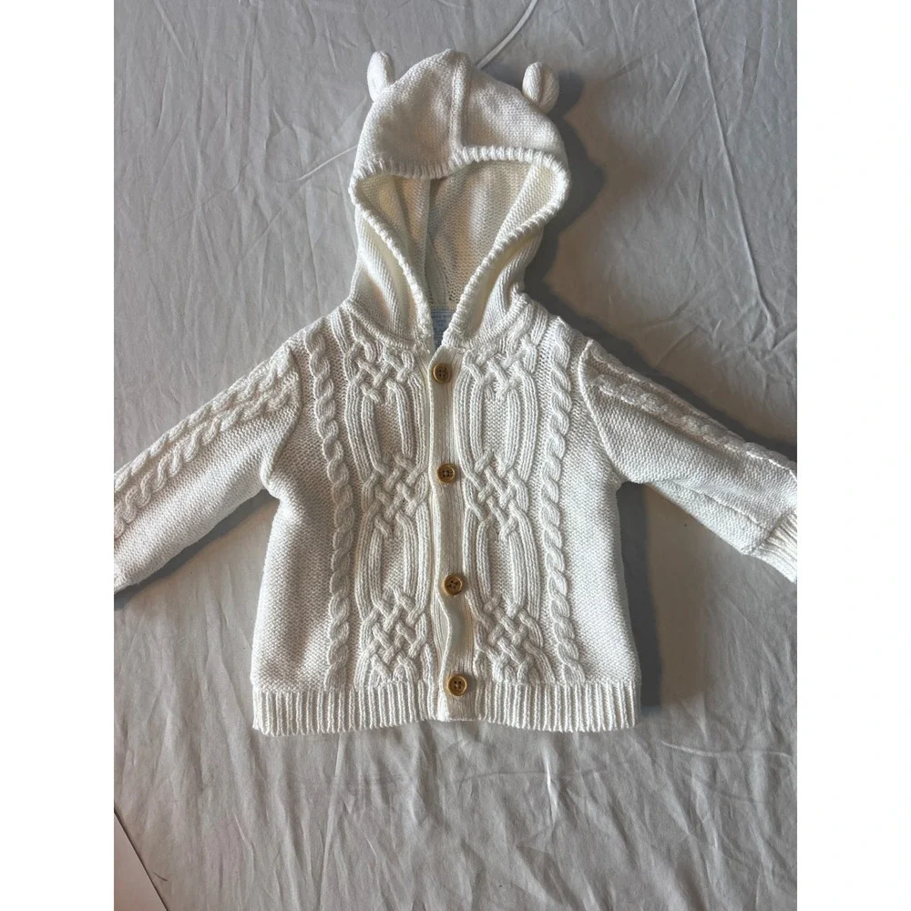 The Children's Place Cardigan Baby‎ 6-9M White Excellent Cable Knit Hooded Ears